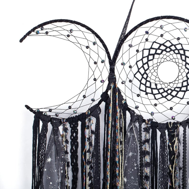 ANROYE Black Triple Moon Goddess Macrame Wall Hanging, Wicca Crescent Dream Catcher for Witch Home, Dreamcatcher for Bedroom Decoration, Pagan Woven Tapestry for Wiccan Adults Decor - Image 3